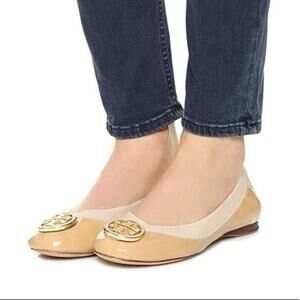 Tory Burch Tan Caroline Nude Ballet Leather Logo Flats Size 7.5